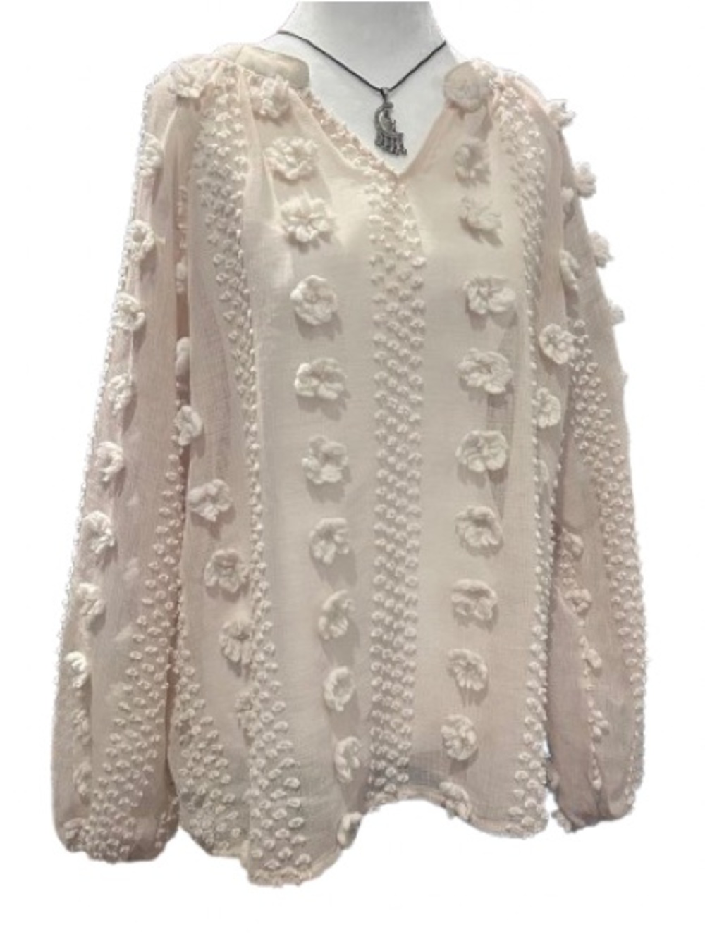The Line of Style Sheer 3D Floral Blouse Puff Sleeve Top Cottagecore Boho Size M